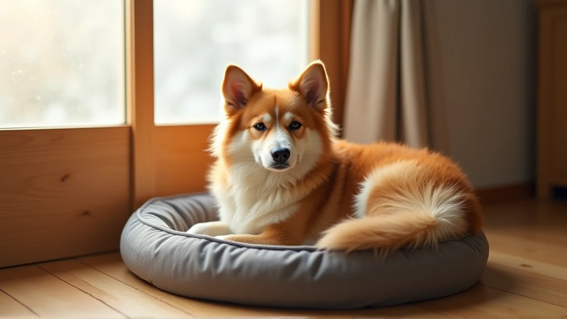 窓辺の犬用ベッドで休む、毛の厚い中型犬