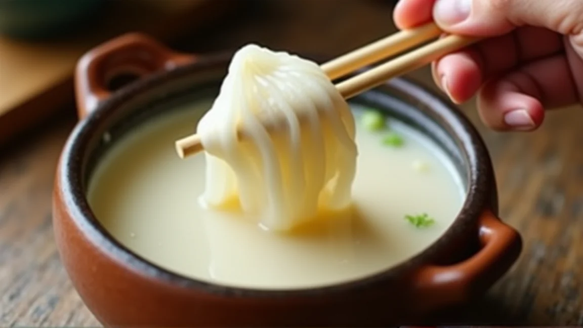 豆乳鍋の表面にできた薄い湯葉の膜を、箸で持ち上げたところ