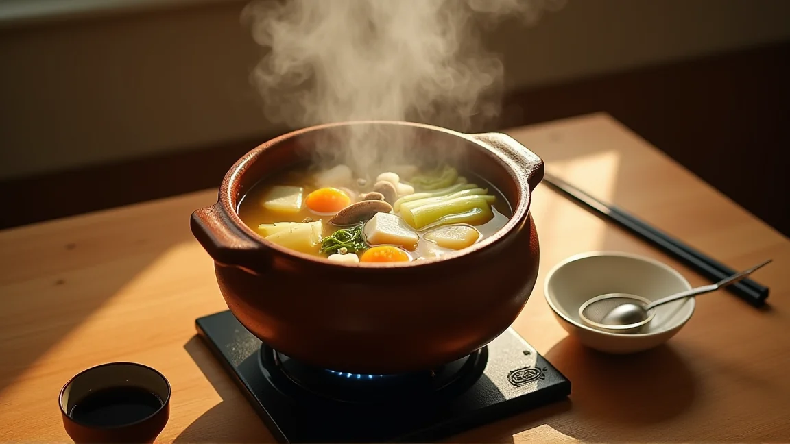食卓で煮える鍋と、横の小皿に置いた網じゃくし