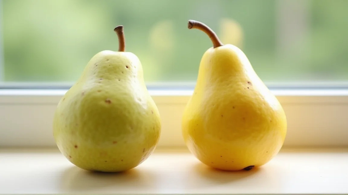 皮に黄緑色が残るかりん(左)と、黄色く熟したかりん(右)