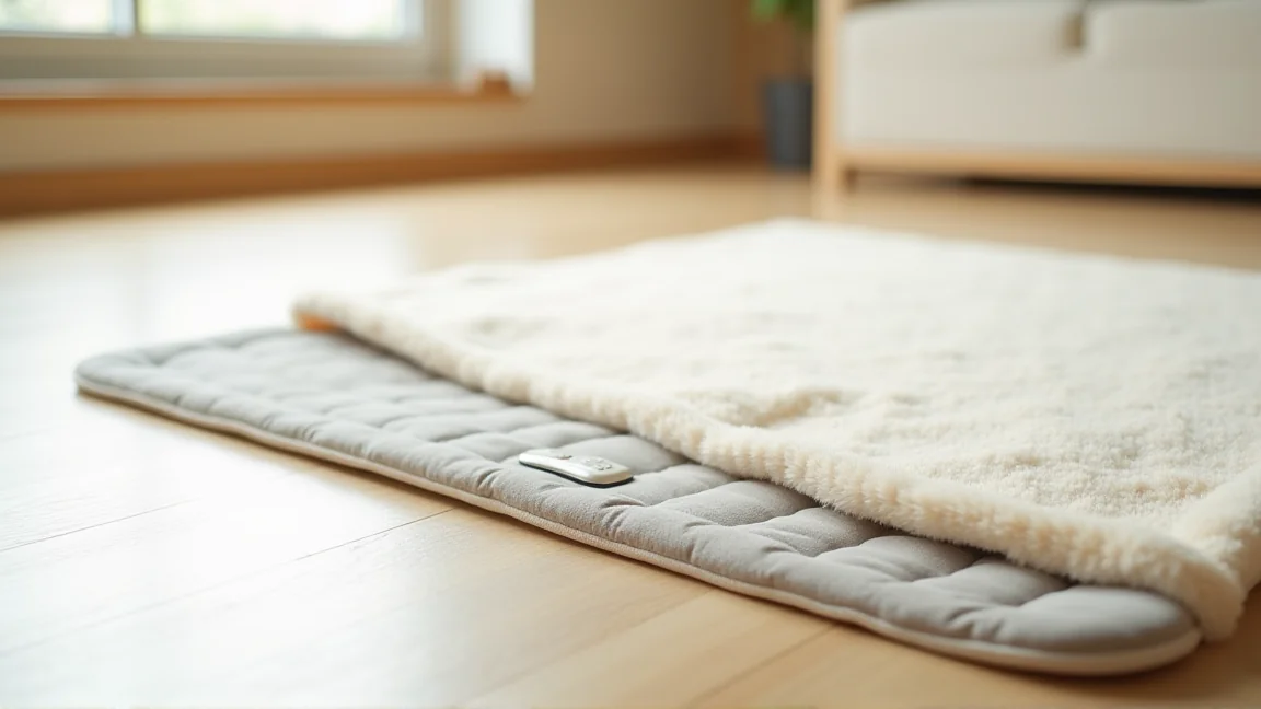 カバーの角をめくると見える、薄いホットカーペット本体