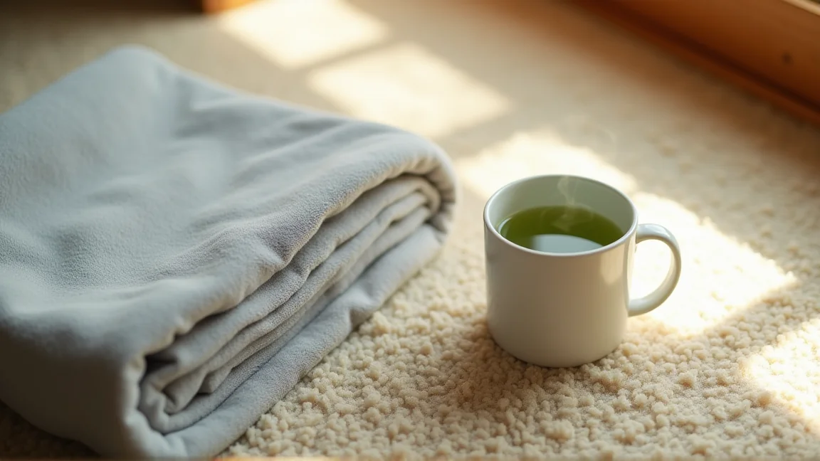 カーペットの上に置いた、たたんだひざ掛けと温かいお茶