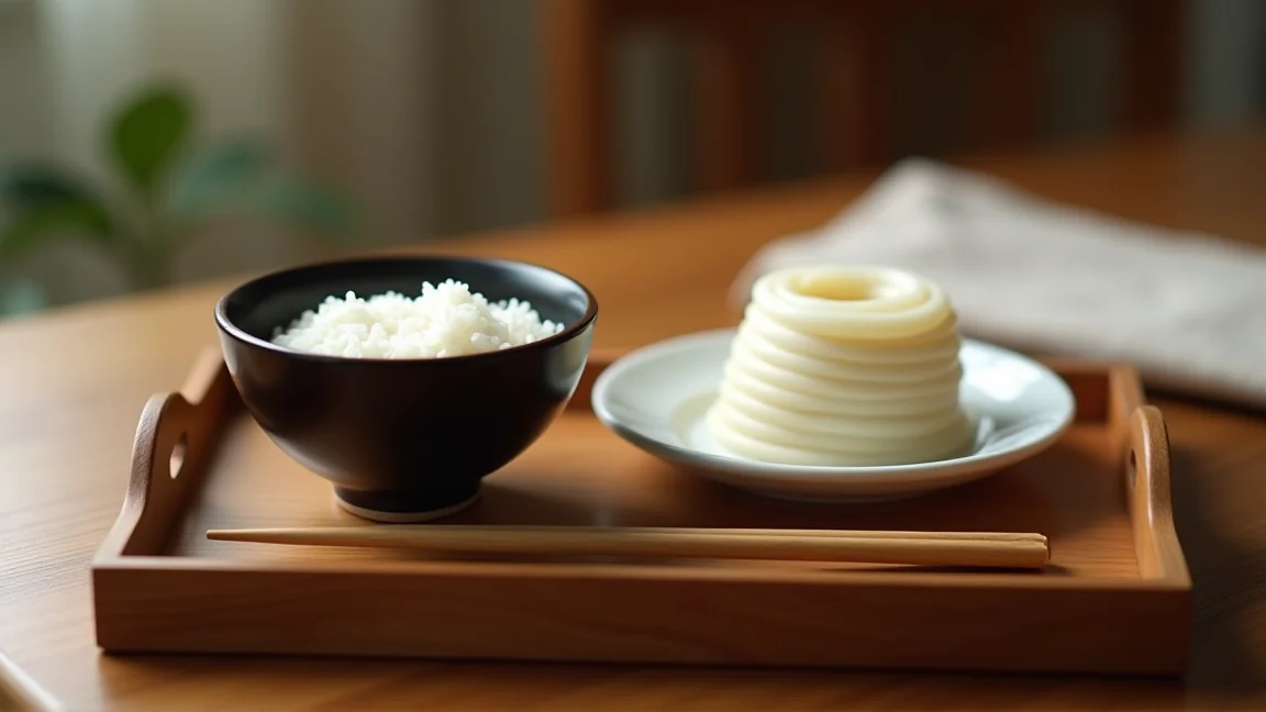 木のお盆に並べた、茶碗のご飯とゆでうどん1玉