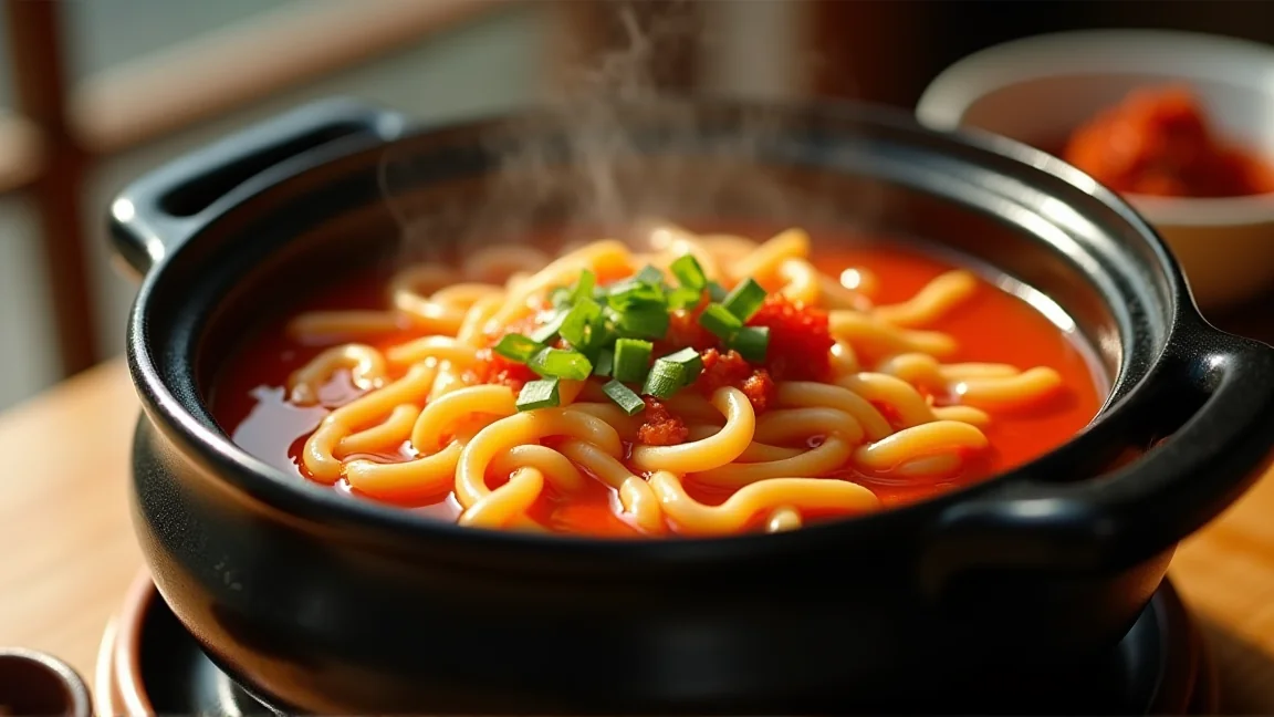 中華麺を入れて煮ている、キムチ鍋の締め
