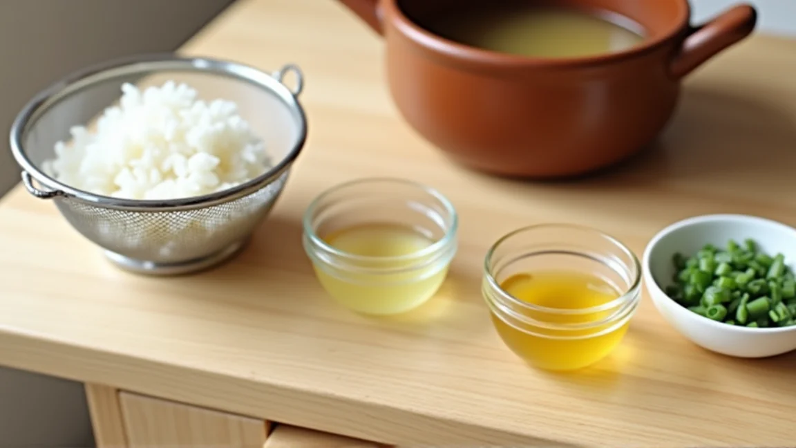 締めの前に用意した、ざるで洗ったご飯と溶き卵、刻みねぎ