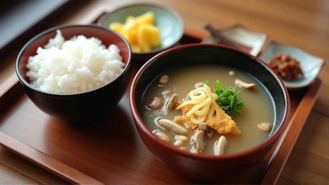 朝食の膳に並べた、しめじと油揚げとねぎの味噌汁とごはん
