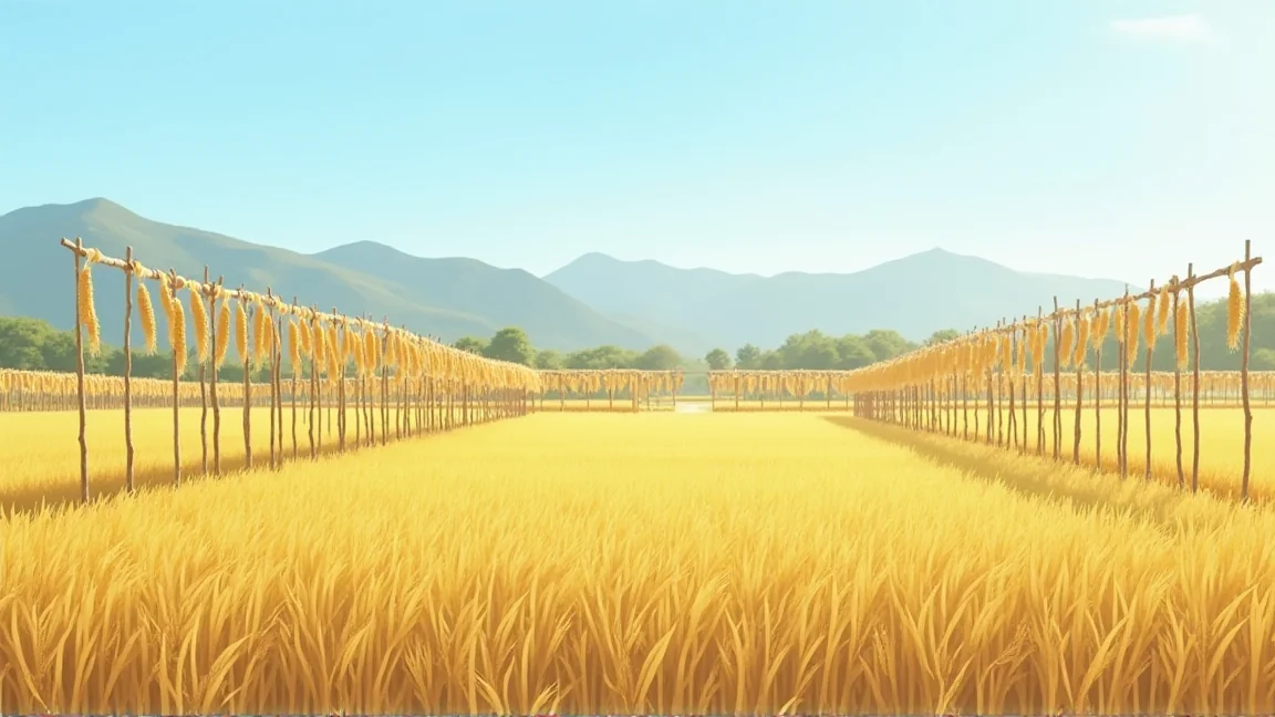秋の田んぼで、はざ掛けにして干している稲束