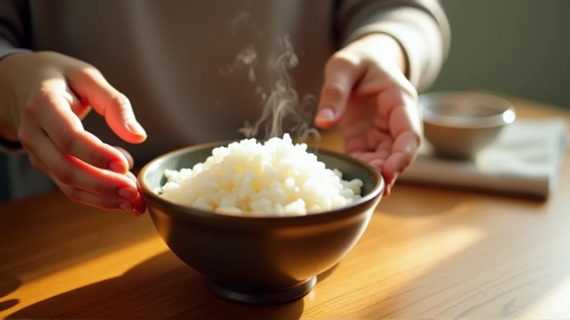 炊きたての白いごはんを、大人の手から子どもの手へ渡すところ