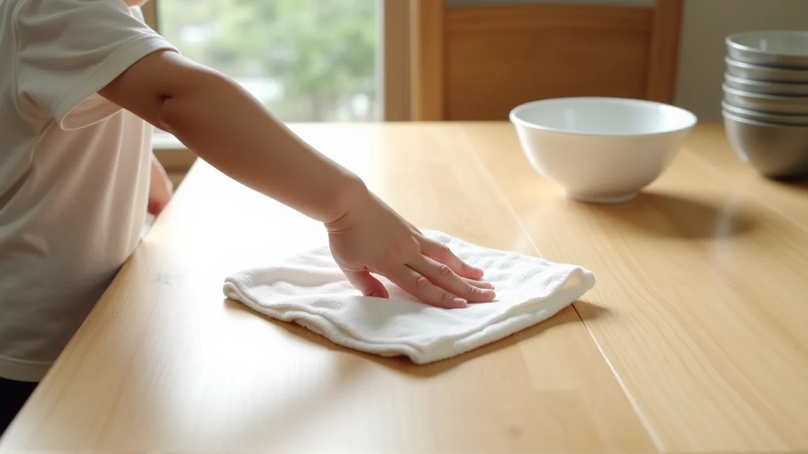 子どもが布巾で食卓をふいてお手伝いしている手元