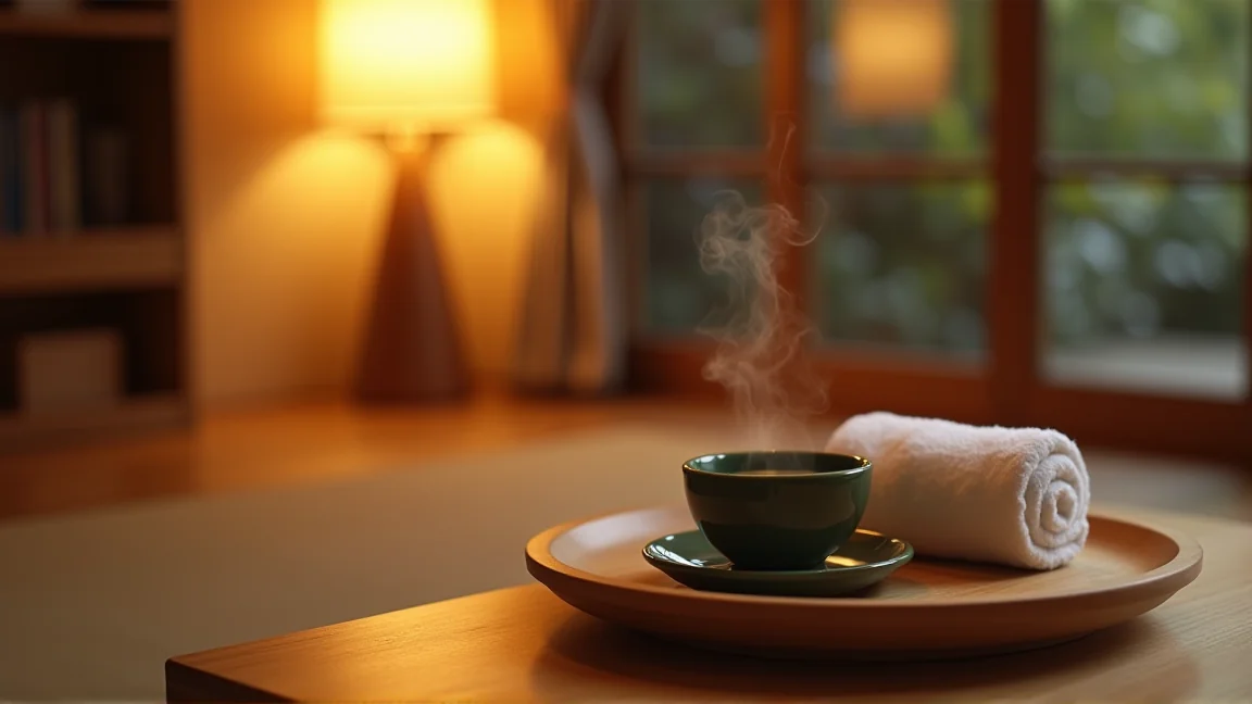 帰ってきた家族のために用意した、湯気の立つお茶とおしぼり