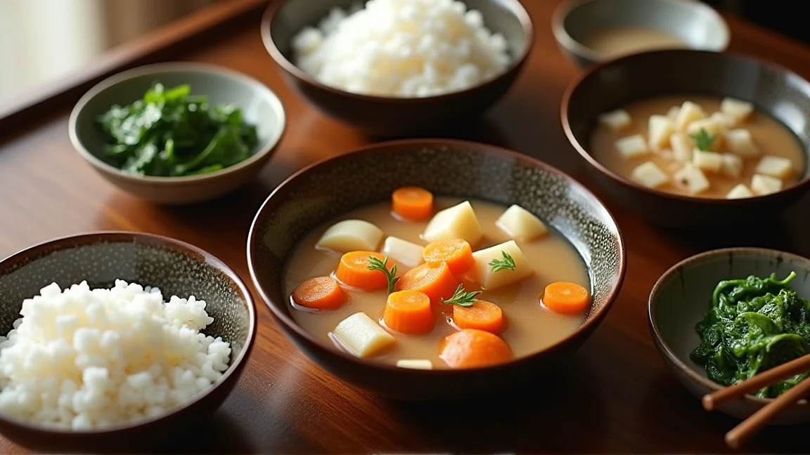 秋の野菜の煮物と白いごはんを並べた家族の夕食