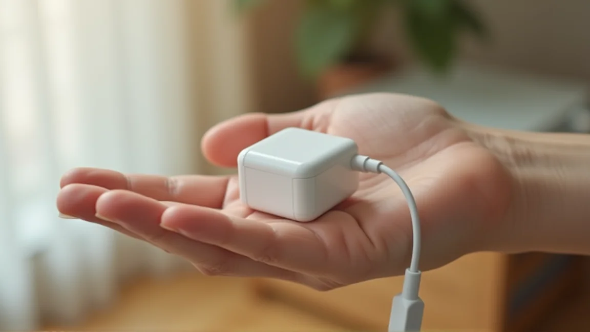 手のひらにのせた、充電を終えたばかりの白いACアダプター