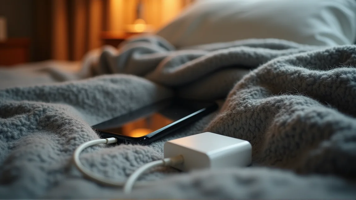 毛布の上で充電しているスマホと充電器（熱がこもりやすい置き方）