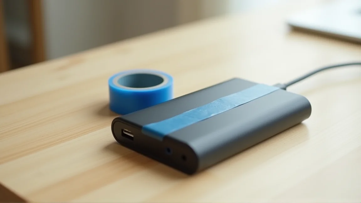端子をビニールテープでふさいだ、処分前のモバイルバッテリー