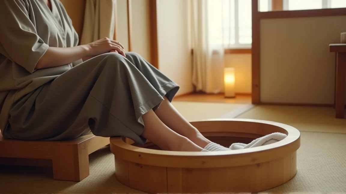 いすに座り、ひざから下をお湯の入った桶に浸けている様子