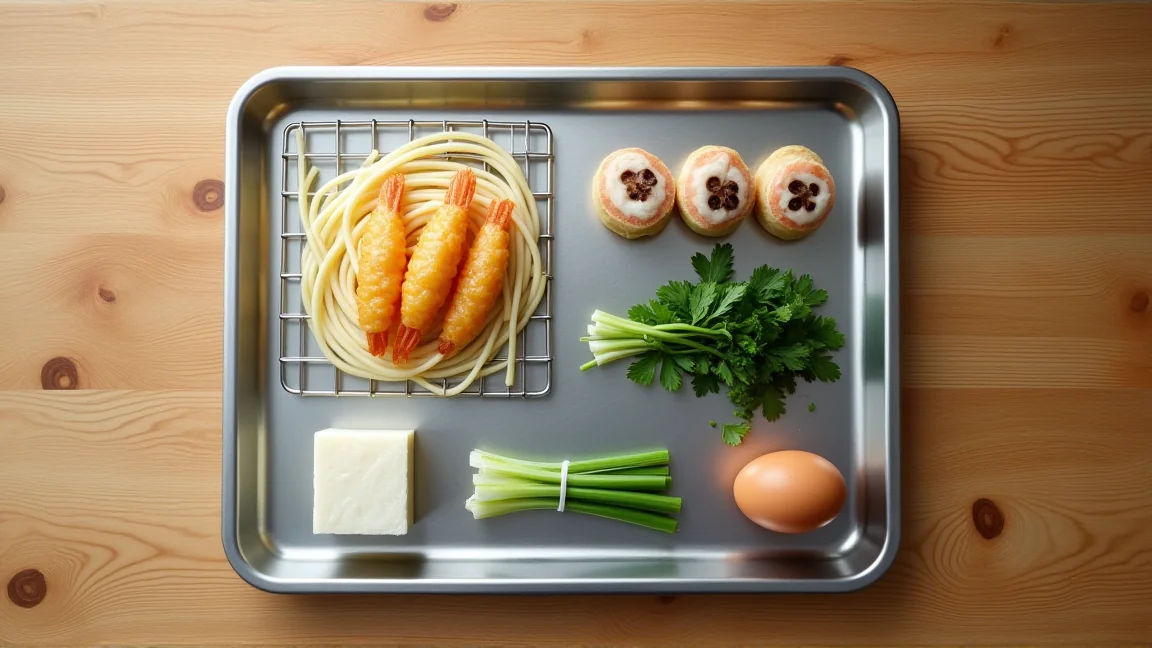 鍋焼きうどんの具材をバットに並べた様子（ゆでうどん、えびの天ぷら、かまぼこ、しいたけ、ねぎ、ほうれん草、卵）