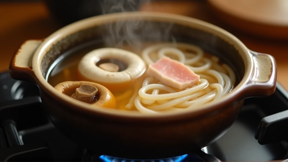 ガスコンロの上の土鍋で、だしとしいたけ・かまぼこ・うどんを煮ている様子（ふたは外してある）