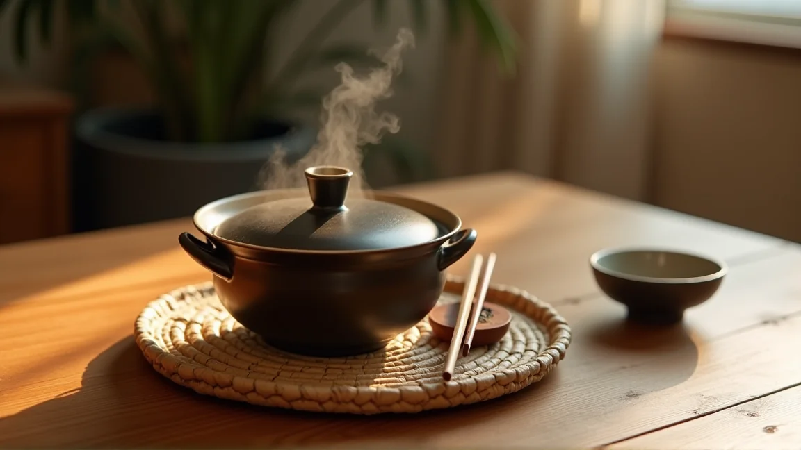 鍋敷きにのせて食卓に運んだ、ふたをしたままの土鍋
