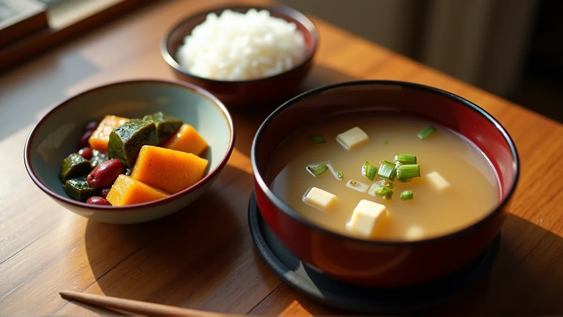 冬至の夕食の食卓(いとこ煮の小鉢、ごはん、みそ汁)