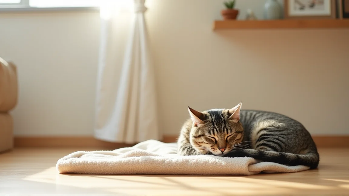 窓から離れた部屋の奥、冬の日差しが届く床の上で毛布にくるまって眠る猫