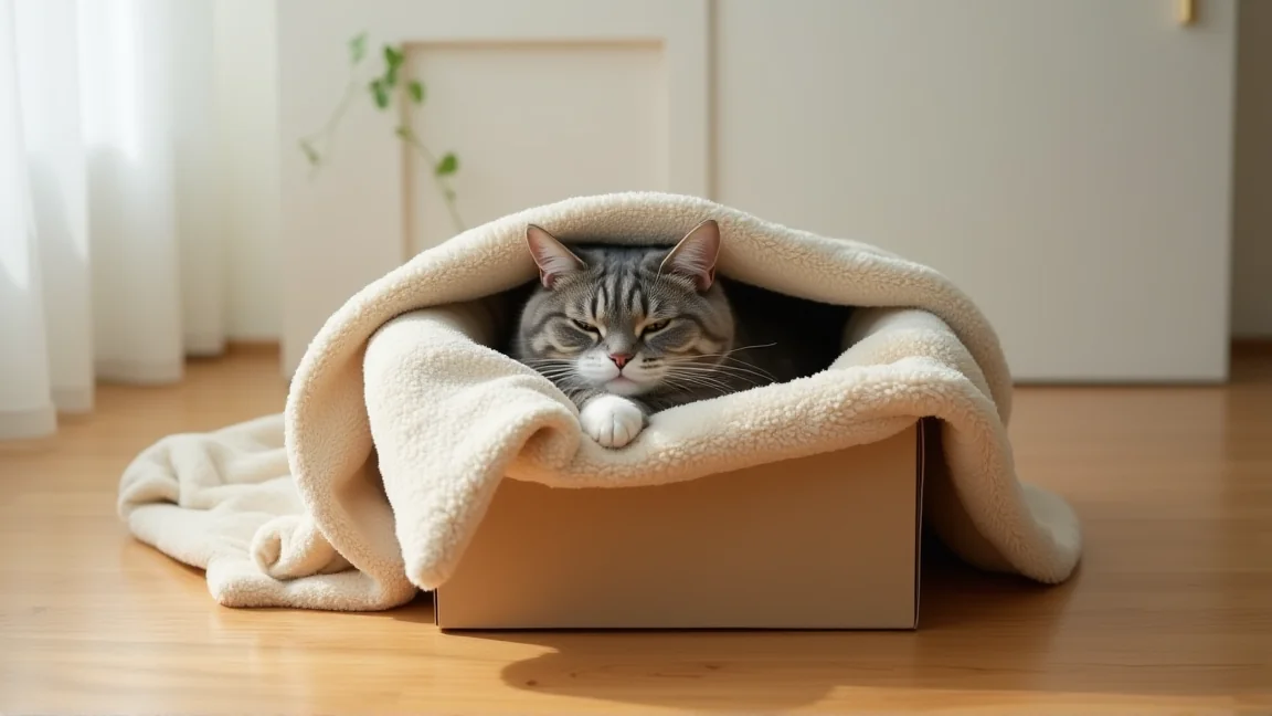 段ボール箱に毛布を敷いて作った、猫がこもれる寝床