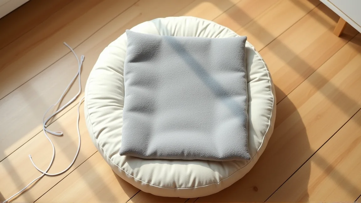 猫用ベッドの半分にだけ敷いた、カバー付きのペット用ヒーター