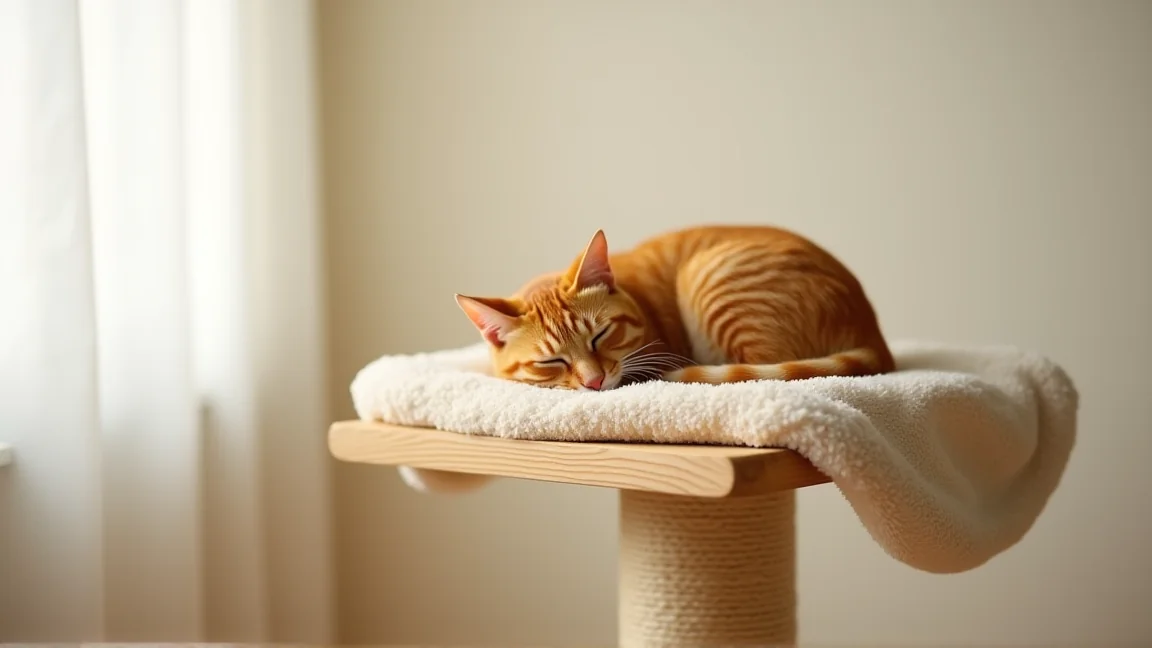 キャットタワーの上の段で、毛布の上に丸くなる猫