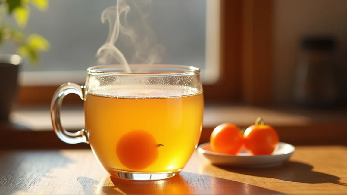 甘露煮のシロップをお湯で割った、湯気の立つ飲み物
