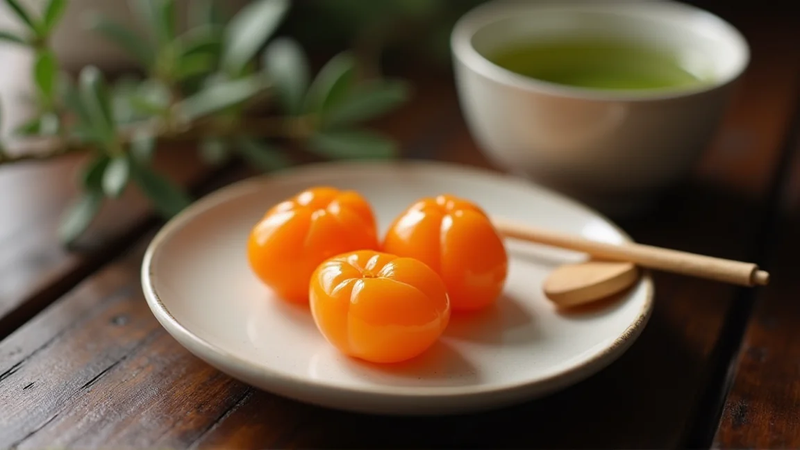 小皿に盛った金柑の甘露煮と、湯のみの緑茶