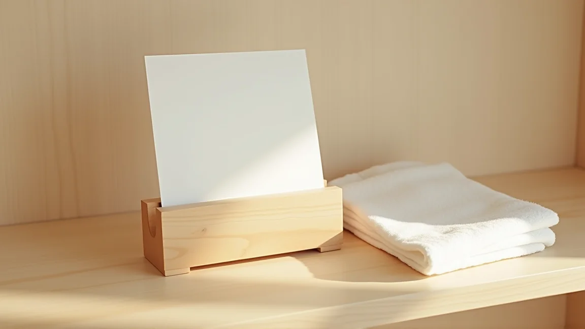 白い紙を敷いた木の台と、たたんだ白い布巾
