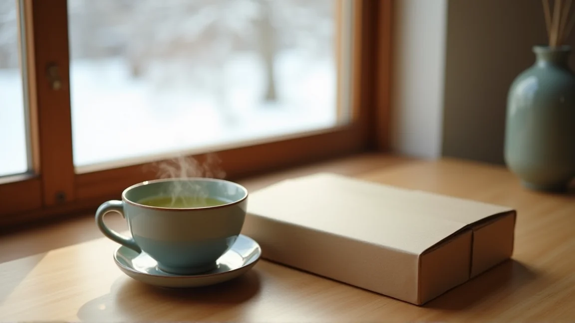 湯気の立つ湯のみと、ふたを閉じた便せんの箱