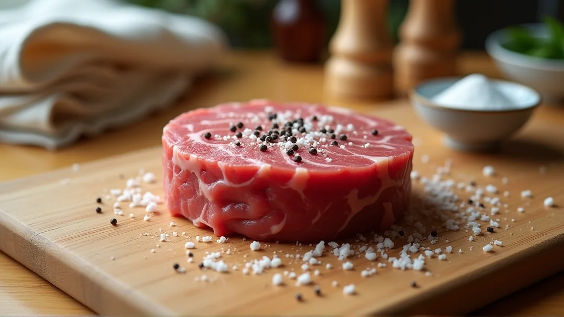 木のまな板にのせた牛ももの塊肉と、塩と黒こしょう