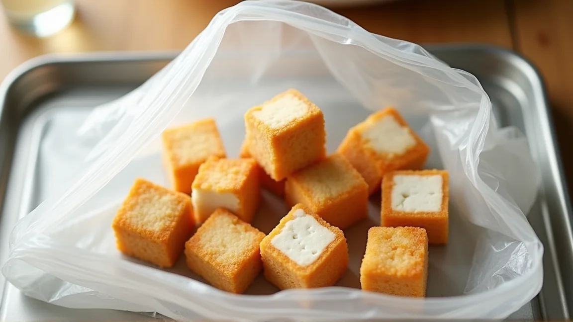 一口大に切ってラップで包み、冷凍用保存袋に入れて平らにした厚揚げ