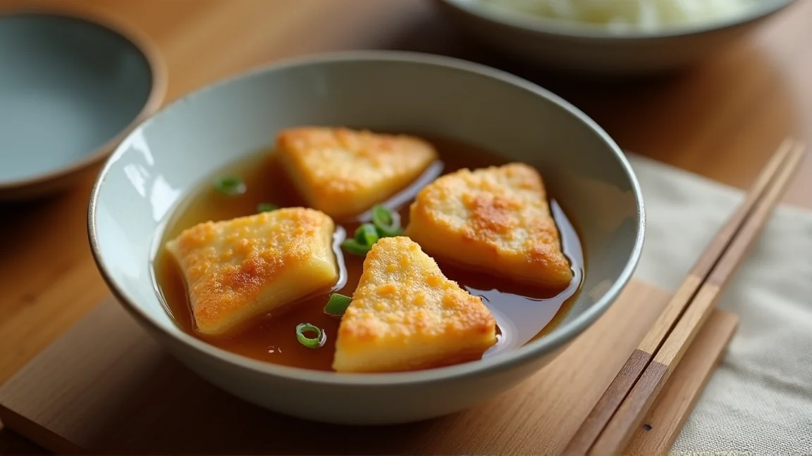 器に盛った、汁をたっぷり含んだ厚揚げの煮物