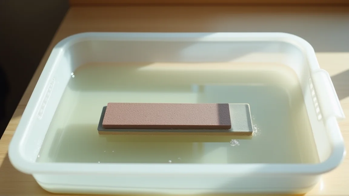 水を張った浅い容器に沈めて、吸水させている砥石