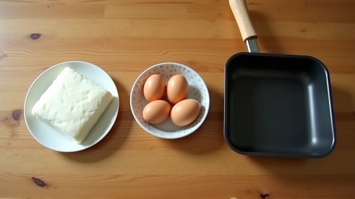 材料をそろえた台所の作業台。はんぺん1枚、卵、砂糖、長方形の卵焼き器