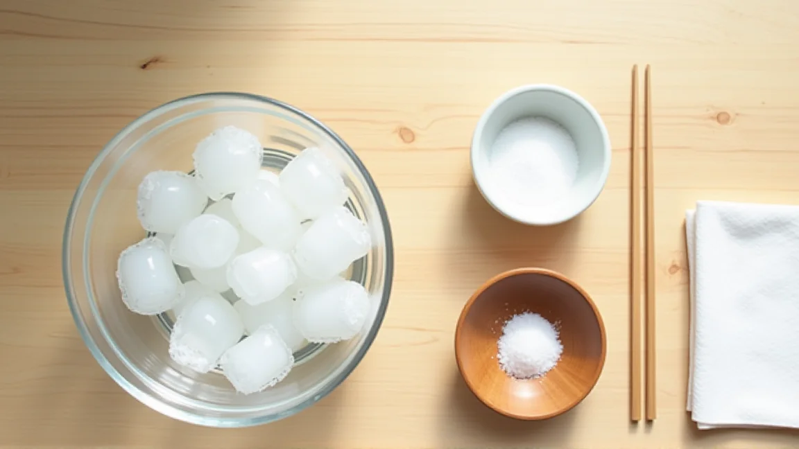 下処理の前に台所へそろえた、氷を入れたボウルと粗塩の小皿、ざる