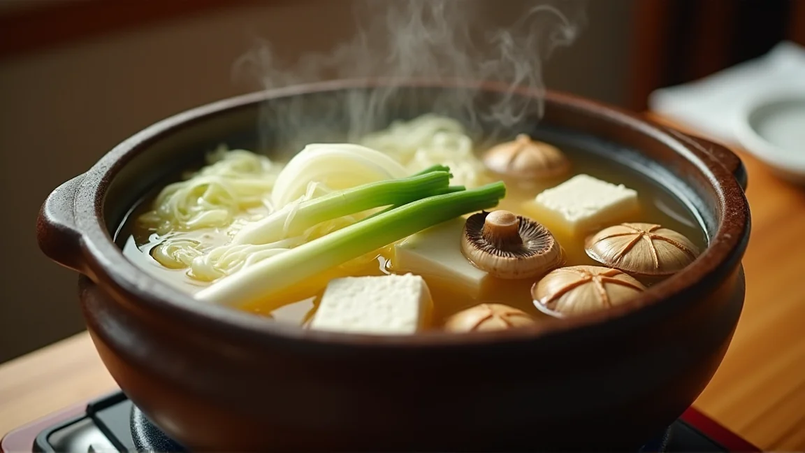 白菜・豆腐・長ねぎ・しいたけを煮た土鍋（白子は仕上げに加える）
