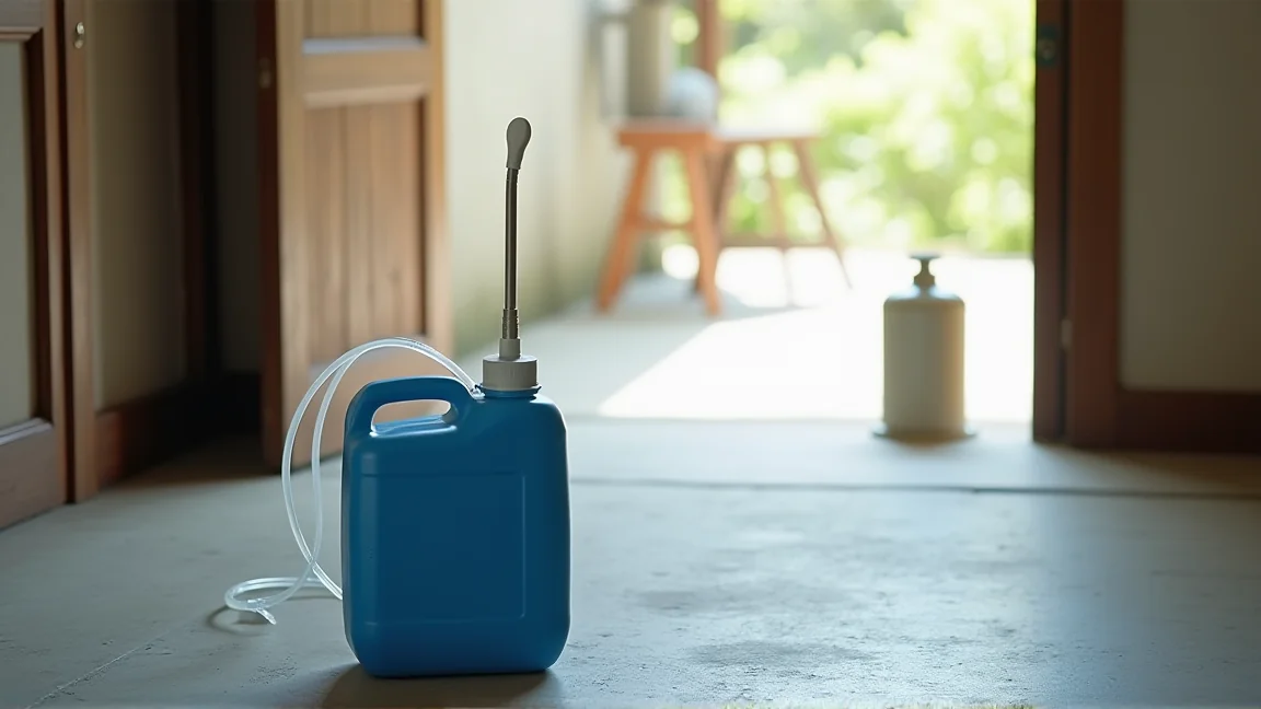 青いポリタンクに差した電動灯油ポンプと、その横の床に置いたストーブのカートリッジタンク