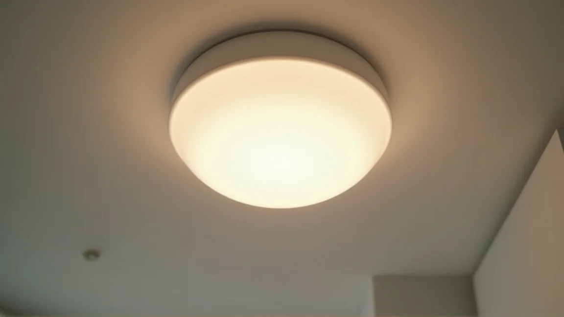 天井に付いた、点灯中の丸いLEDシーリングライト