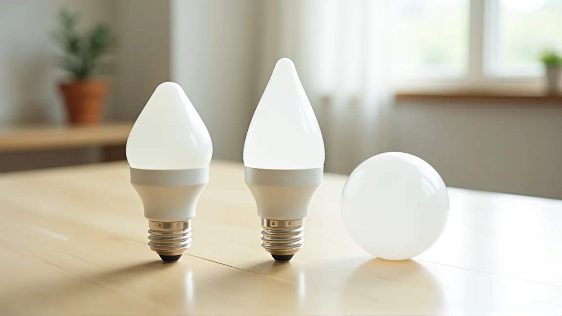 木のテーブルに並べた、形の違うLED電球3個