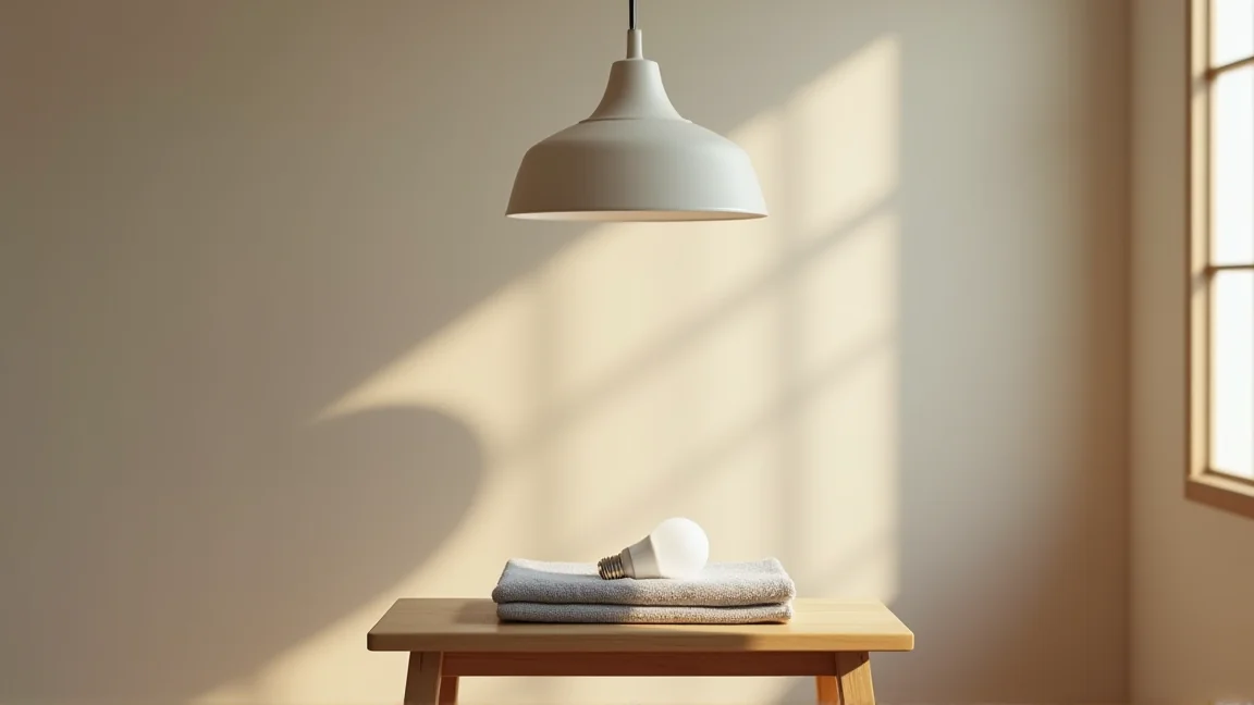 ペンダントライトの下の踏み台と、外して布に置いたLED電球