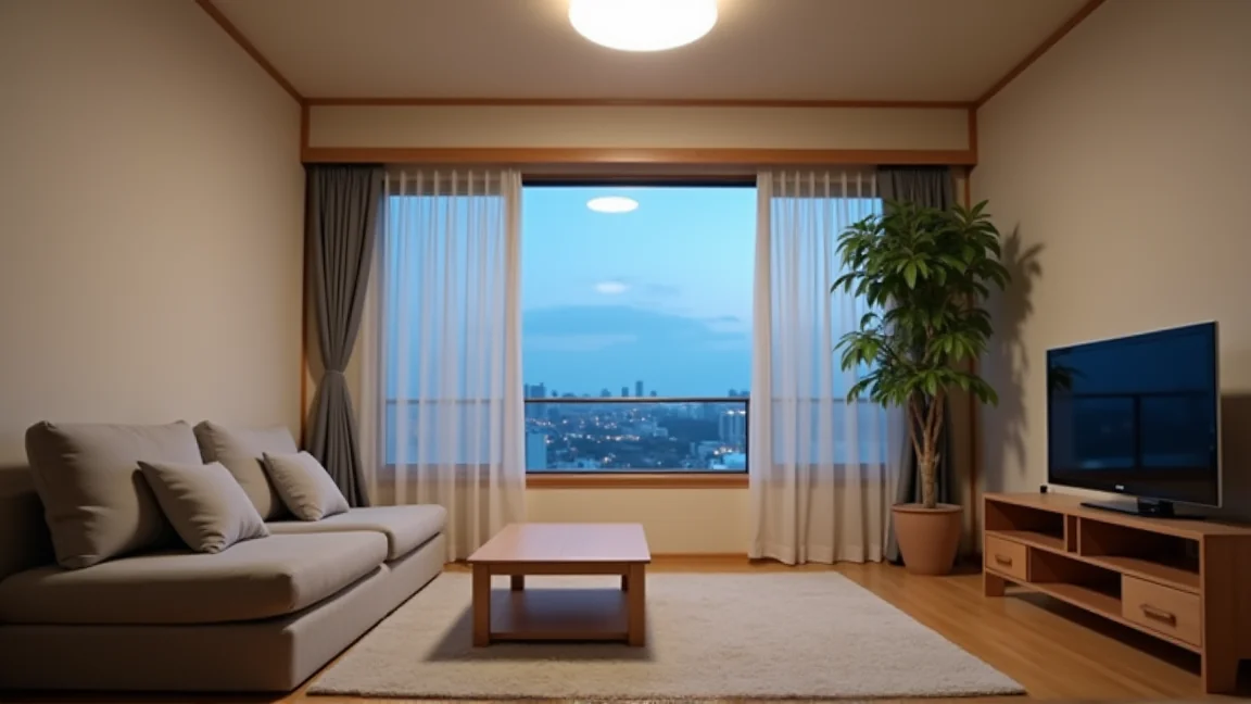 夕方、天井の照明で明るく照らされた片づいたリビング