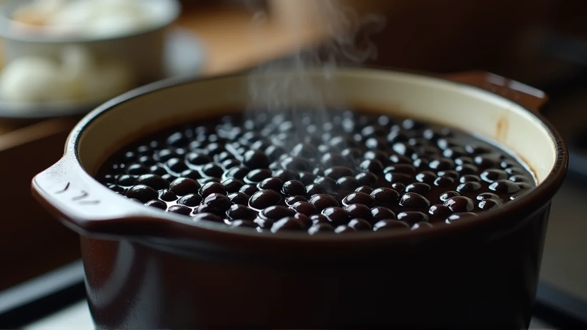 鍋の中で煮汁に浸かった、つやのある黒豆の煮豆