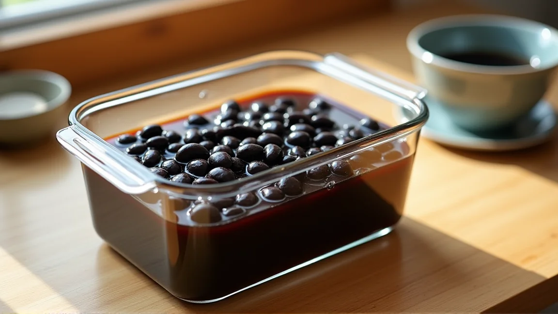 ガラスの保存容器に煮汁ごと入れた黒豆の煮豆
