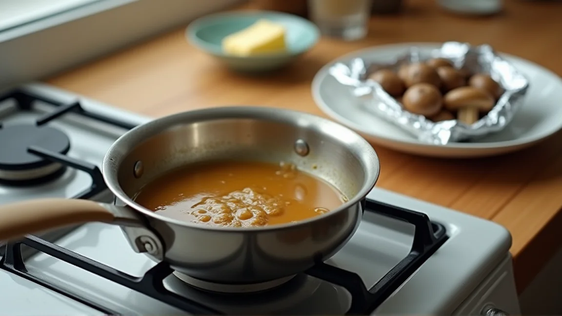 小さな鍋で煮詰めているホイル焼きの汁と、ホイルに残したきのこ