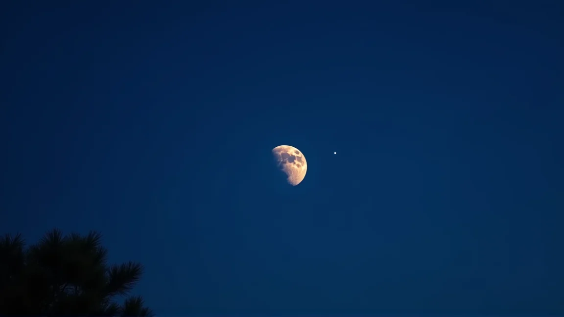 夜空に浮かぶ、少し欠けた月と松の枝のシルエット
