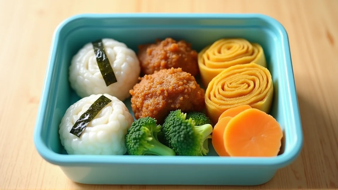 おにぎりと唐揚げ、卵焼き、ブロッコリー、にんじんを詰めた子ども用の弁当箱