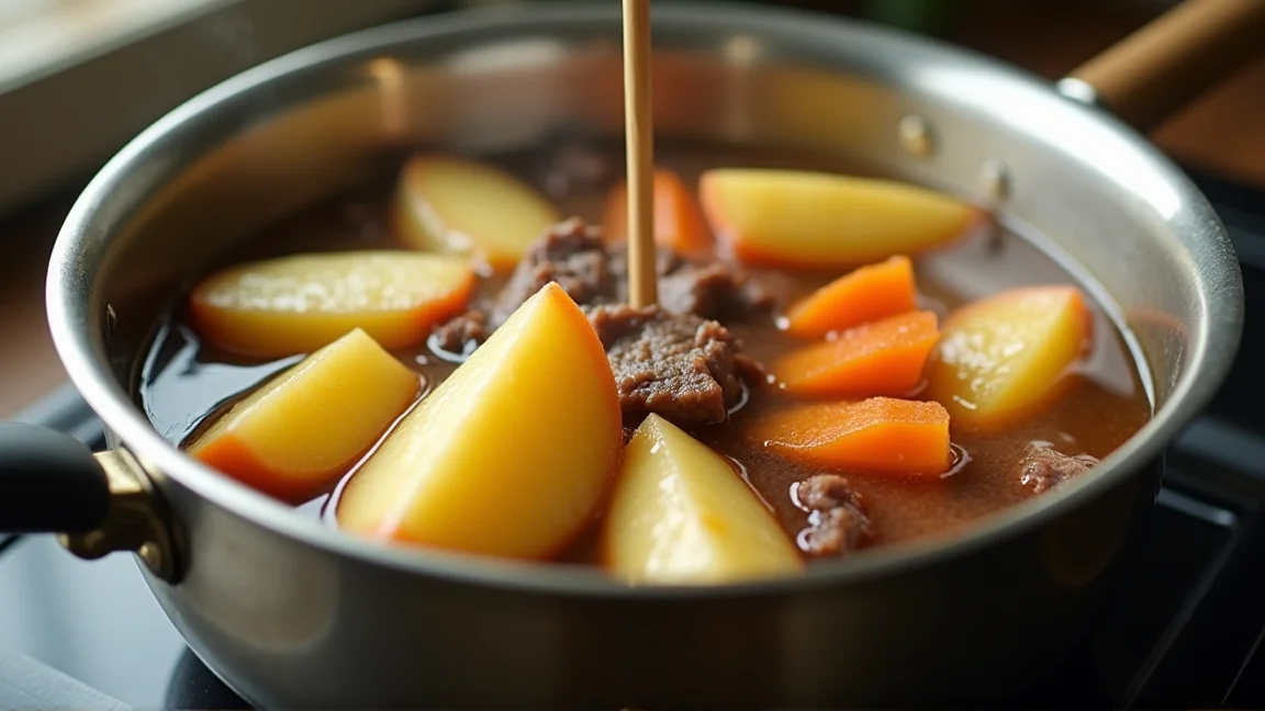火を止める直前の肉じゃがの鍋。竹串を刺して火の通りを確かめている