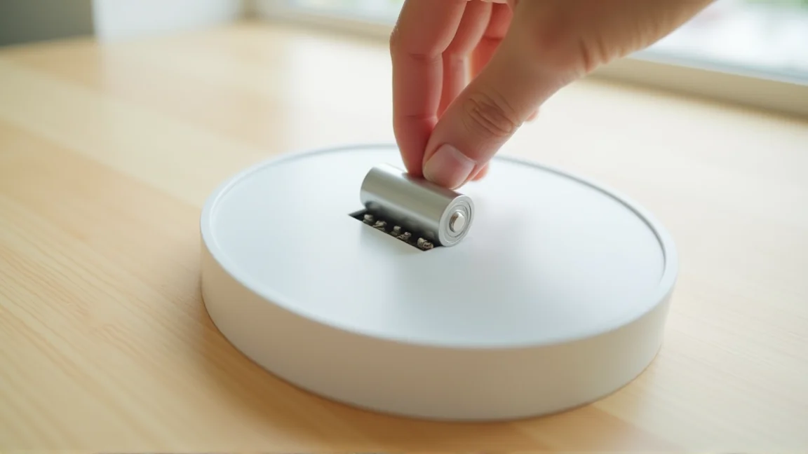 伏せて置いた掛け時計の裏側に、新しい単三電池を入れている手元